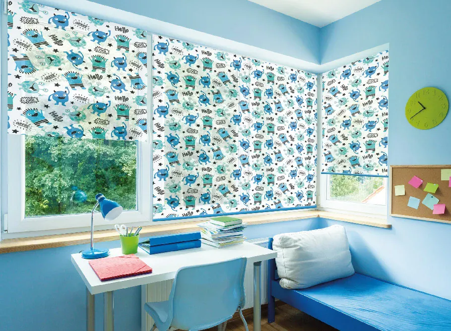 Persianas enrollables impresas con tintas seguras para niñas y niños. Ideales para la decoración y diseño de recámaras y cuartos de juegos.